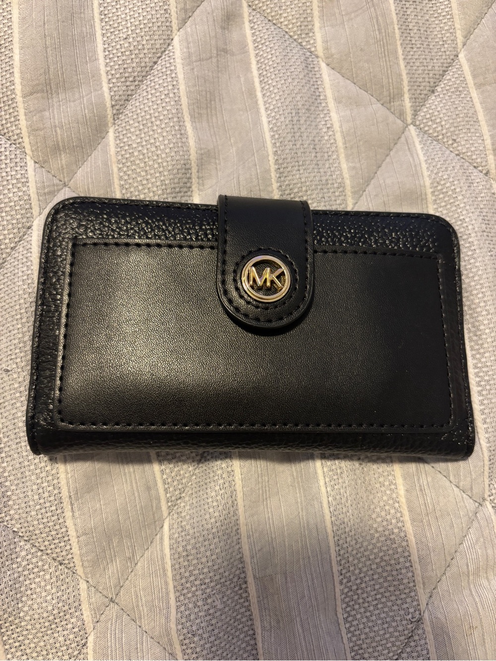 Michael Kors Black Leather Wallet-Style Phone Folio with Gold MK Accent